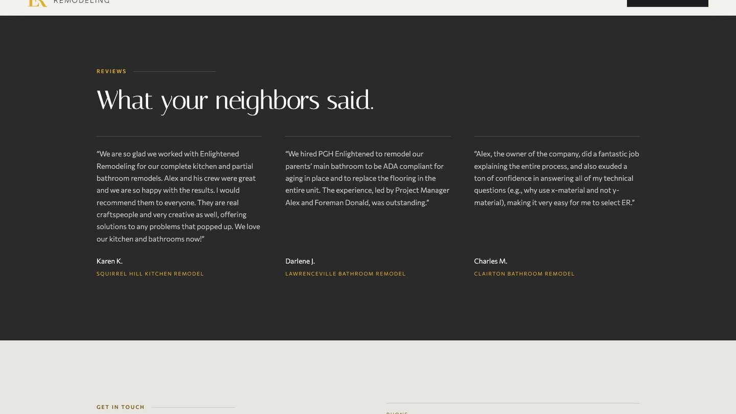 The reviews section of the new homepage